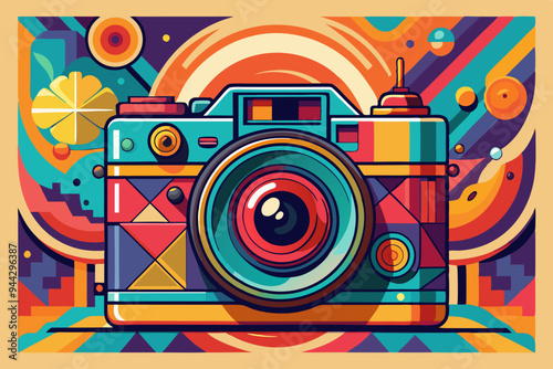 Vintage Camera Displayed Against a Bright and Colorful Abstract Backdrop, Offering a Dynamic and Artistic Visual Experience.