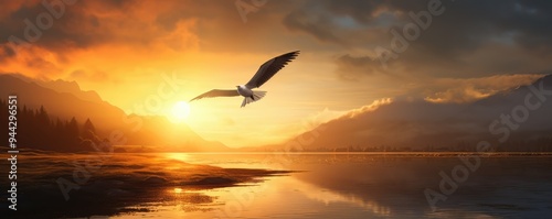 Seagull flying over calm lake at sunrise