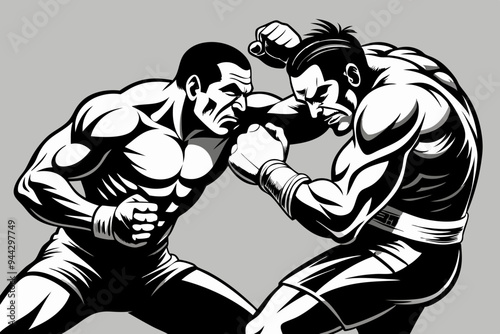 A monochrome illustration showcasing two boxers grappling in an intense match, emphasizing strength, struggle, and competitive spirit through simplistic yet powerful art.
