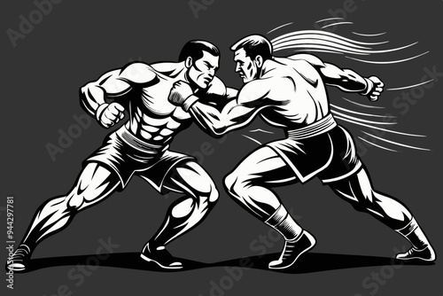 A monochrome illustration showcasing two boxers grappling in an intense match, emphasizing strength, struggle, and competitive spirit through simplistic yet powerful art.
