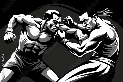 A monochrome illustration showcasing two boxers grappling in an intense match, emphasizing strength, struggle, and competitive spirit through simplistic yet powerful art.
