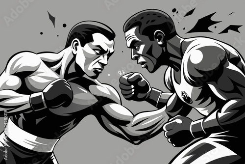A monochrome illustration showcasing two boxers grappling in an intense match, emphasizing strength, struggle, and competitive spirit through simplistic yet powerful art.
