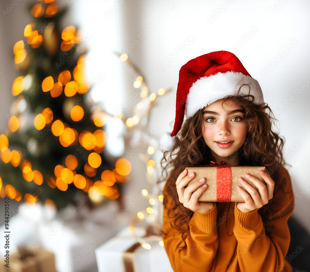 beautiful brunette woman in santa hat holding a gift; christmas cozy, bright room with xmas tree & decoration as a background; copy space beautiful brunette woman in santa hat holding a gift; christmas cozy, bright room with xmas tree & decoration as a background; copy space