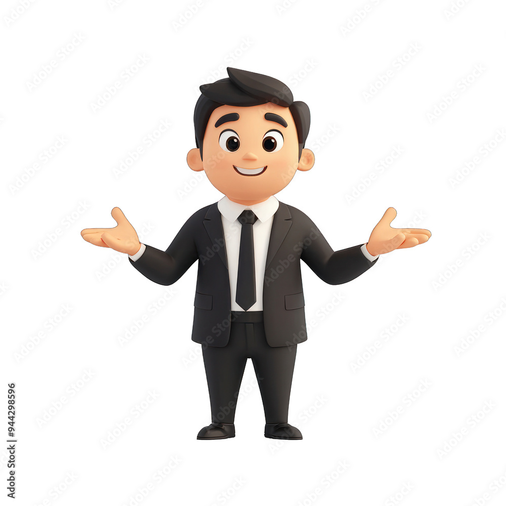 A cheerful businessman character in a suit, presenting with open arms, exuding confidence and approachability in a professional setting. transparent background A cheerful businessman character in a suit, presenting with open arms, exuding confidence and approachability in a professional setting. transparent background
