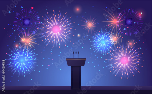 brightly colorful fireworks and stage stand or debate podium rostrum with microphones USA presidential election concept