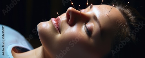 woman face with acupuncture needles on her face detail