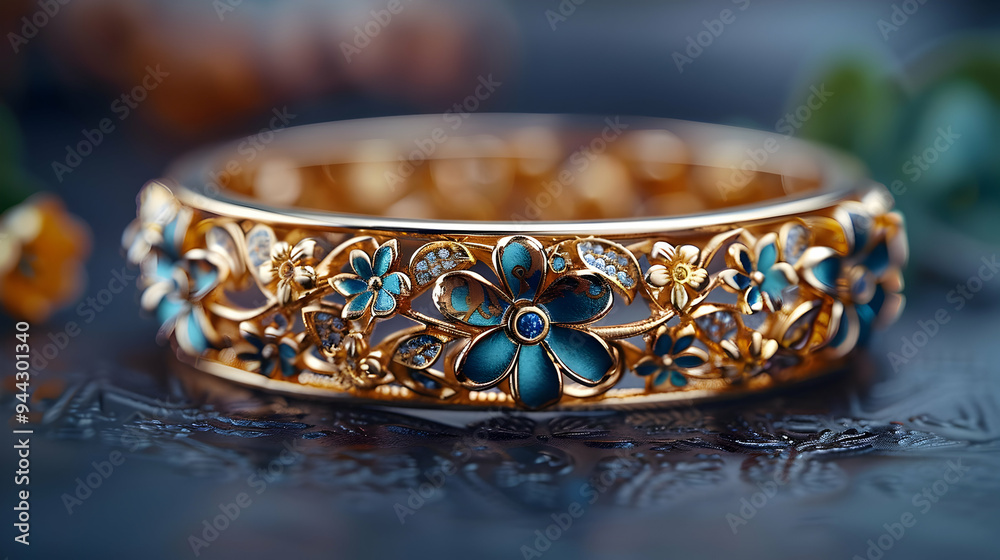 Golden Floral Bangle with Blue Enamel - Jewelry Photography Golden Floral Bangle with Blue Enamel - Jewelry Photography