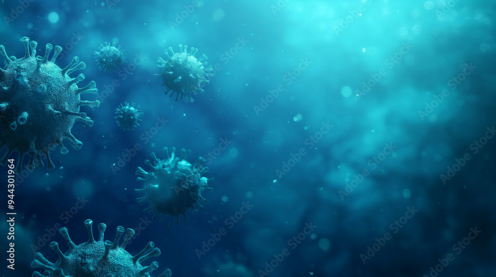 viruses macro, on a blue background with copy space, medical healthcare, microbiology concept. viruses macro, on a blue background with copy space, medical healthcare, microbiology concept.