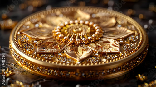 Golden Ornate Jewel, Closeup 3D Illustration