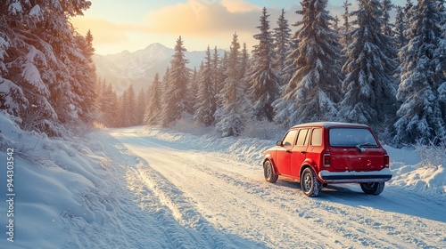 A vibrant red SUV is parked on a picturesque snowy road amidst a serene forest.