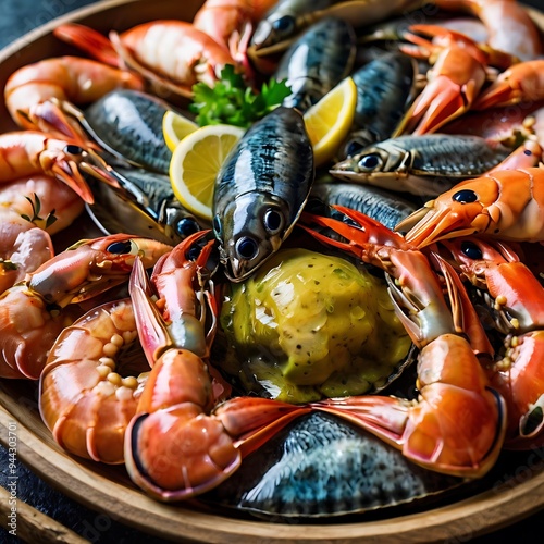 Spicy Korean Ramone with seafood, menu for various seafood dishes, closeup of lobsters and seafood on plate, delicious fresh attractive seafood dishes on the table photo