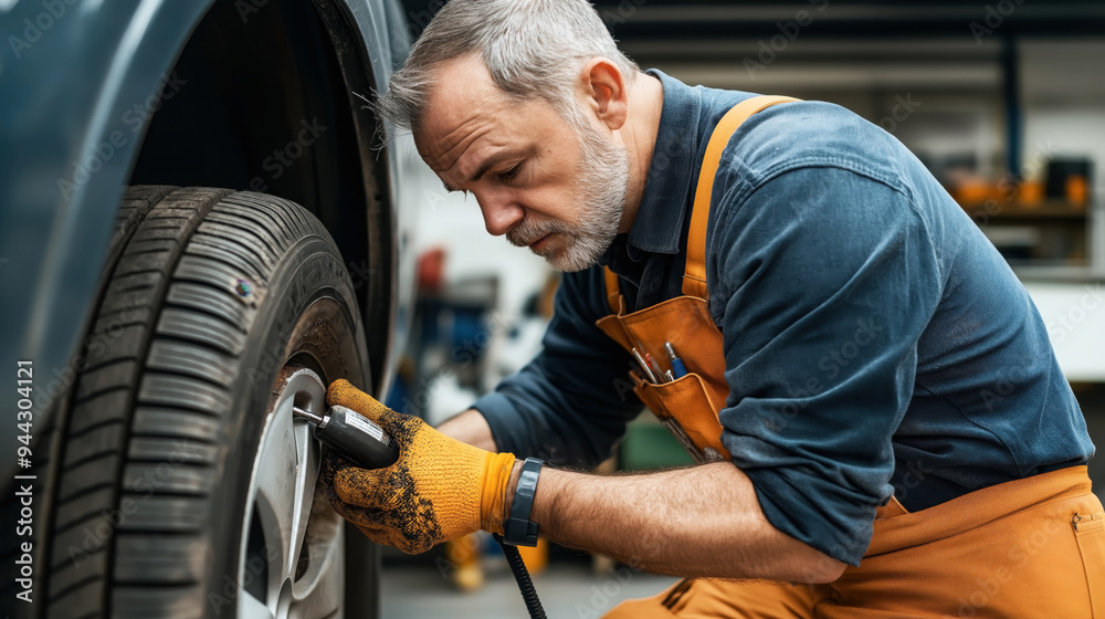 Obraz premium A mechanic in work clothes and gloves is tightening lug nuts on a car wheel using a power tool in an auto repair shop.