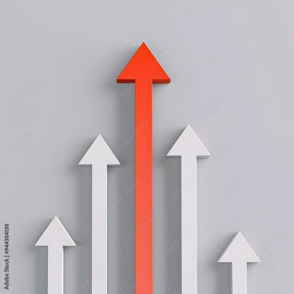 Abstract image of a red arrow leading among white arrows on a gray background, symbolizing leadership, growth, and success. Abstract image of a red arrow leading among white arrows on a gray background, symbolizing leadership, growth, and success.