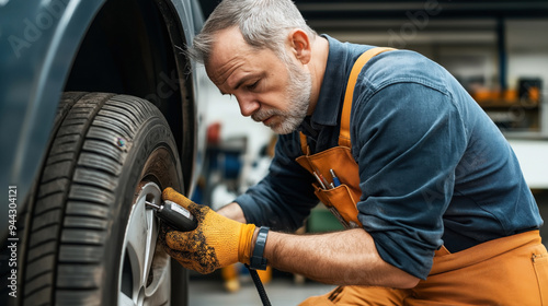 A mechanic in work clothes and gloves is tightening lug nuts on a car wheel using a power tool in an auto repair shop.