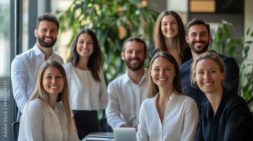 Group of smiling professionals posing for a portrait in a bright office setting during daytime Group of smiling professionals posing for a portrait in a bright office setting during daytime