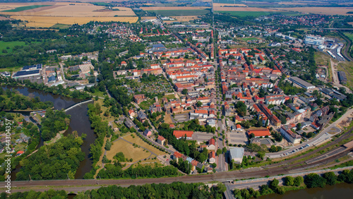 Aerial view of the old town of the city Weissenfels in Germany on a sunny summer day