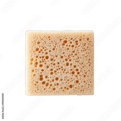 A close-up view of a clean, porous sponge showcasing its unique texture and bubbles against a white background. transparent background