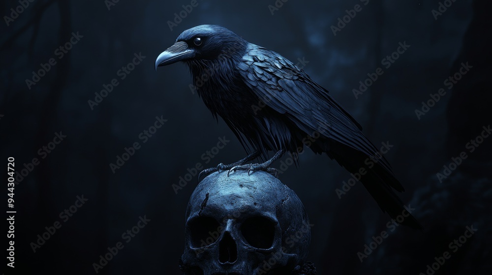 Fototapeta premium Moonlit Cartoon Crow Perched on Skull in Eerie Night
