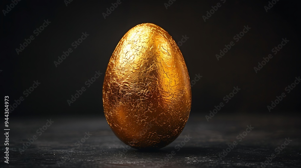 Fototapeta premium A single golden egg sits on a dark surface, showcasing its shiny, textured surface.