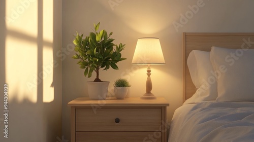 Bedroom Interior with Bedside Lamp and Plants