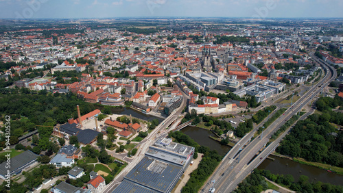 Aerial view of the old town of the city Halle Saale in Germany on a sunny day in summer 