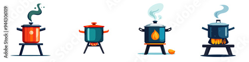 Set of four colorful cooking pots with steam, showcasing different cooking stages and vibrant designs for culinary visuals.