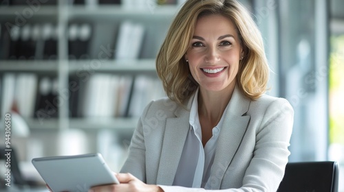 corporate manager, female, smiling with a satisfied face, looking her tablet on her desk