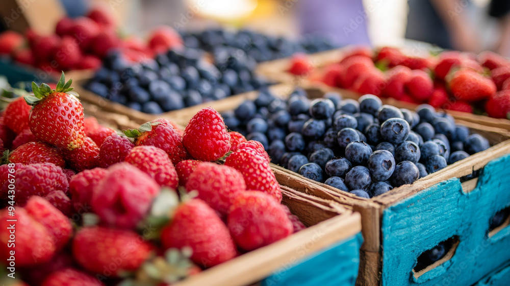 Vibrant display of fresh strawberries and blueberries in wooden crates at a bustling farmers market, capturing the essence of local produce.
Vibrant display of fresh strawberries and blueberries in wooden crates at a bustling farmers market, capturing the essence of local produce.