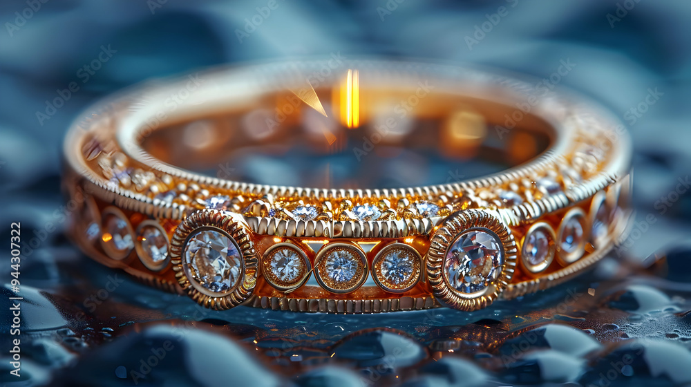 Gold Ring with Diamonds on Blue Background Illustration Gold Ring with Diamonds on Blue Background Illustration