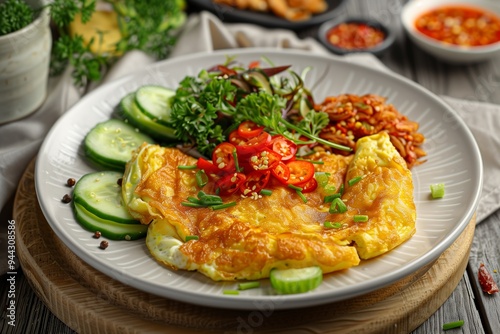 Delicious homemade omelette served on a rustic wooden table with fresh vegetables and spices in a cozy kitchen setting