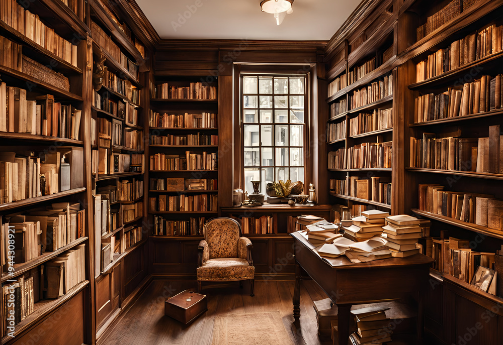 Interior of a wooden library with a bookcase and bookshelves Interior of a wooden library with a bookcase and bookshelves