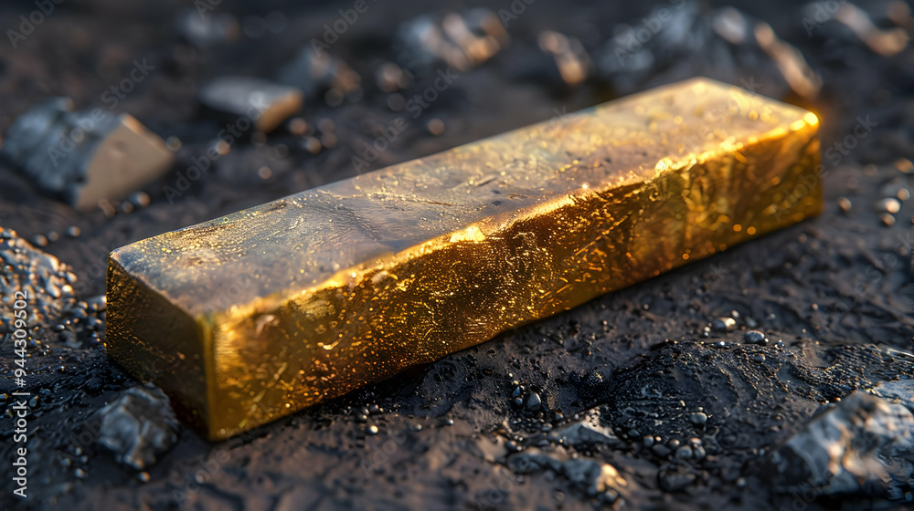 Close-Up of Shiny Gold Bar on Rough Black Surface 3D Illustration Close-Up of Shiny Gold Bar on Rough Black Surface 3D Illustration