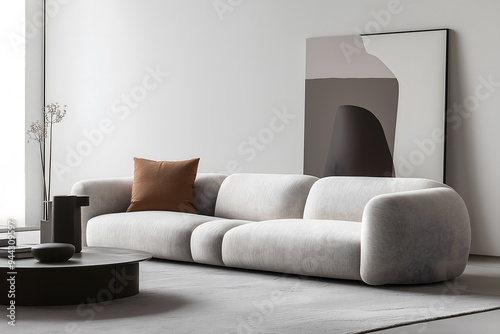 Modern Sofa in Cozy Living Room Setting with Minimalist Elegance and Ample Copy Space
