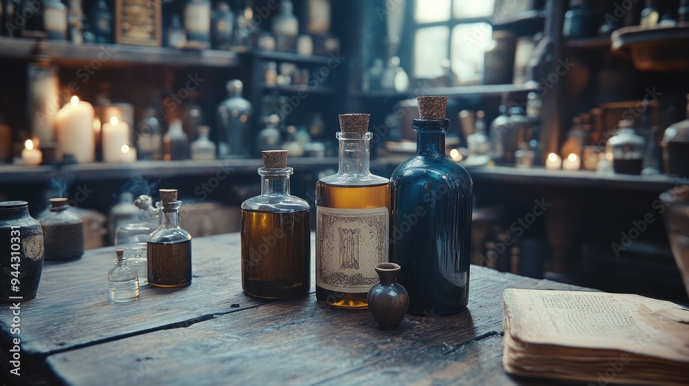 Halloween decoration, wooden desk with vials, flasks and bottles with potions, witch's secret room with magic artifacts and candles on the table, alchemist's workplace, AI generated image Halloween decoration, wooden desk with vials, flasks and bottles with potions, witch's secret room with magic artifacts and candles on the table, alchemist's workplace, AI generated image