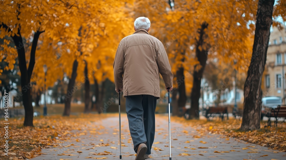 Elderly man walking with crutches through a park covered in autumn leaves during a sunny day