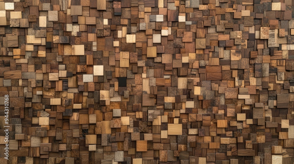 Wooden strips are arranged in a cube pattern, showcasing a modern and stylish wall design suitable for interior decoration Wooden strips are arranged in a cube pattern, showcasing a modern and stylish wall design suitable for interior decoration