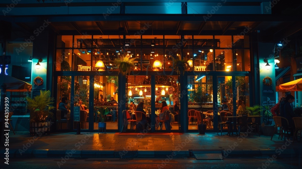 Cozy restaurant with warm lighting, viewed from the street at night, showcasing a welcoming atmosphere with patrons dining inside. Cozy restaurant with warm lighting, viewed from the street at night, showcasing a welcoming atmosphere with patrons dining inside.