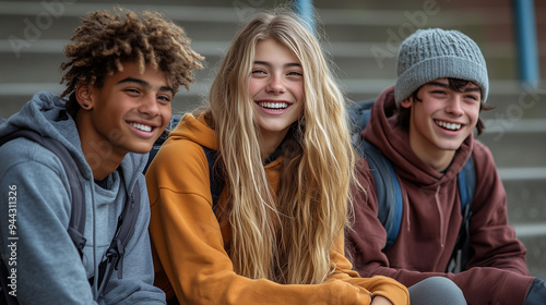 A group of teenagers sitting on the steps of a school, laughing and talking about their first day back.