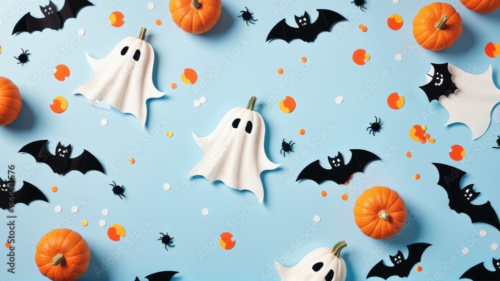 Spooky Halloween decorations with pumpkins, ghosts, and bats