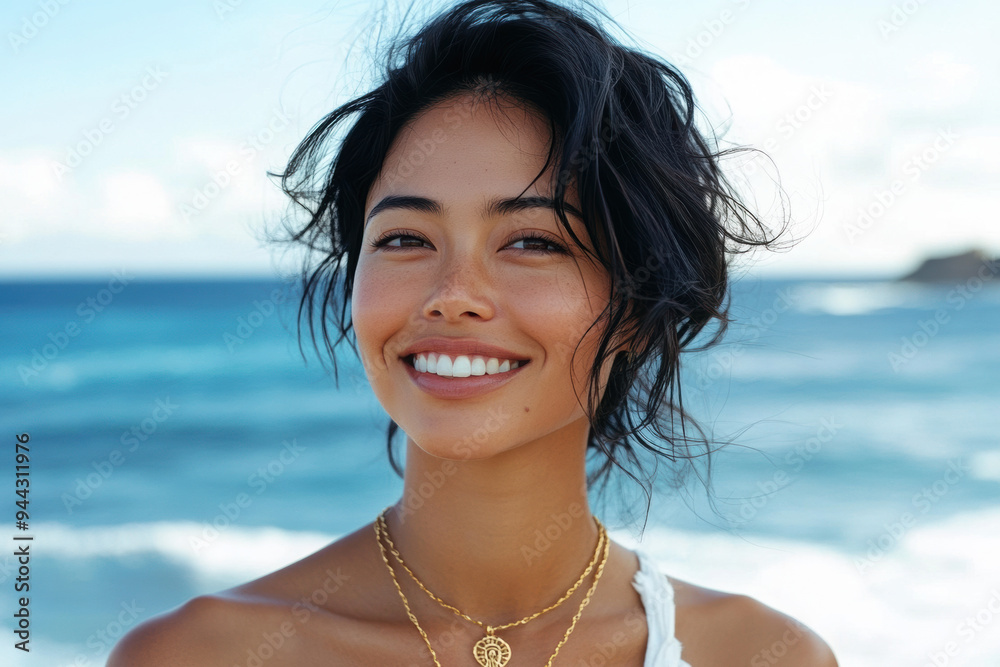 Close-up of smiling woman with wavy hair and bohemian jewelry at the seaside
Close-up of smiling woman with wavy hair and bohemian jewelry at the seaside