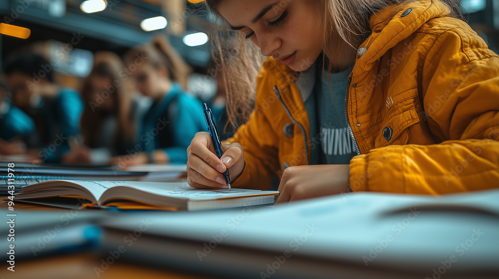 A close-up of a student writing in a notebook, with a stack of textbooks in the background.