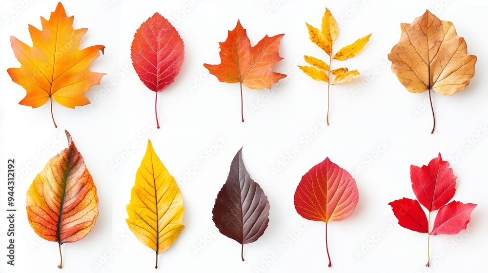 Obraz premium A colorful assortment of autumn leaves displayed on a white background, showcasing the vibrant hues of fall in a natural arrangement