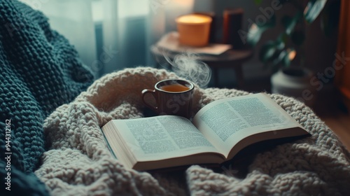 Cozy book and beverage scene at home