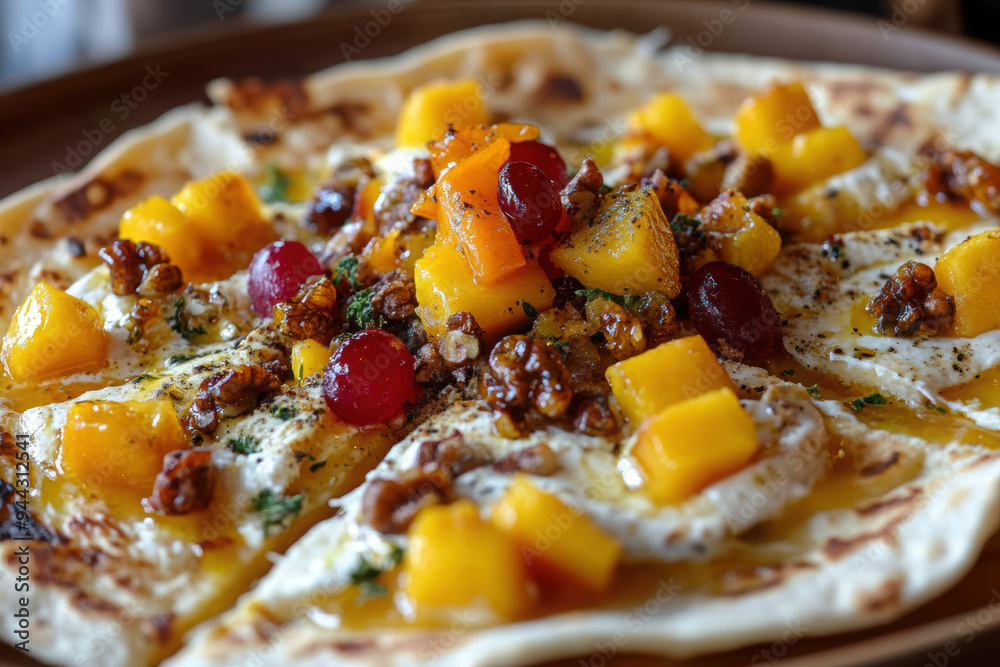 A plate of whipped ricotta with fresh roasted peaches and pitta slices served with a balsamic drizzle and herbs.
A plate of whipped ricotta with fresh roasted peaches and pitta slices served with a balsamic drizzle and herbs.