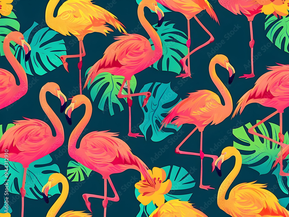 Obraz premium Tropical Flamingo Pattern with Vibrant Pink and Yellow Birds and Lush Green Leaves