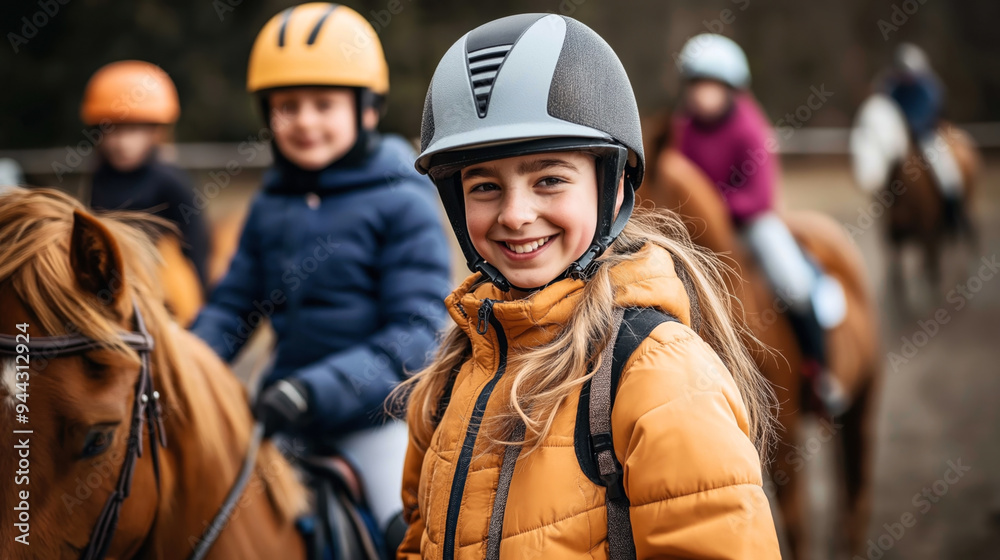 Smiling child wearing a riding helmet and yellow jacket, holding a horse's reins, with other children and horses in the background. Smiling child wearing a riding helmet and yellow jacket, holding a horse's reins, with other children and horses in the background.