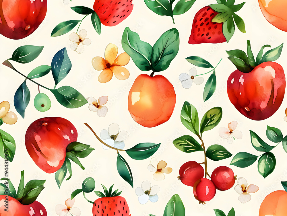Fresh Fruit and Floral Pattern with Strawberries, Apples, and Citrus on a Light Background Fresh Fruit and Floral Pattern with Strawberries, Apples, and Citrus on a Light Background