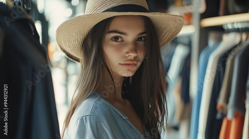 Beautiful young woman in hat looking at the clothing in the store.