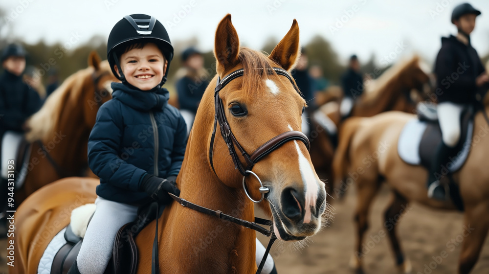 Obraz premium A smiling child wearing a helmet sits on a horse, surrounded by other riders in equestrian gear, during a group horseback riding activity.