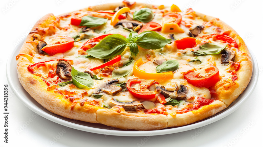 A delicious vegetarian pizza with colorful vegetables, Crisp crust and melted cheese. Concept Vegan Recipes, Plant-based Cooking, Healthy Eating, Burger Ideas, Meatless Options. World Vegetarian Day